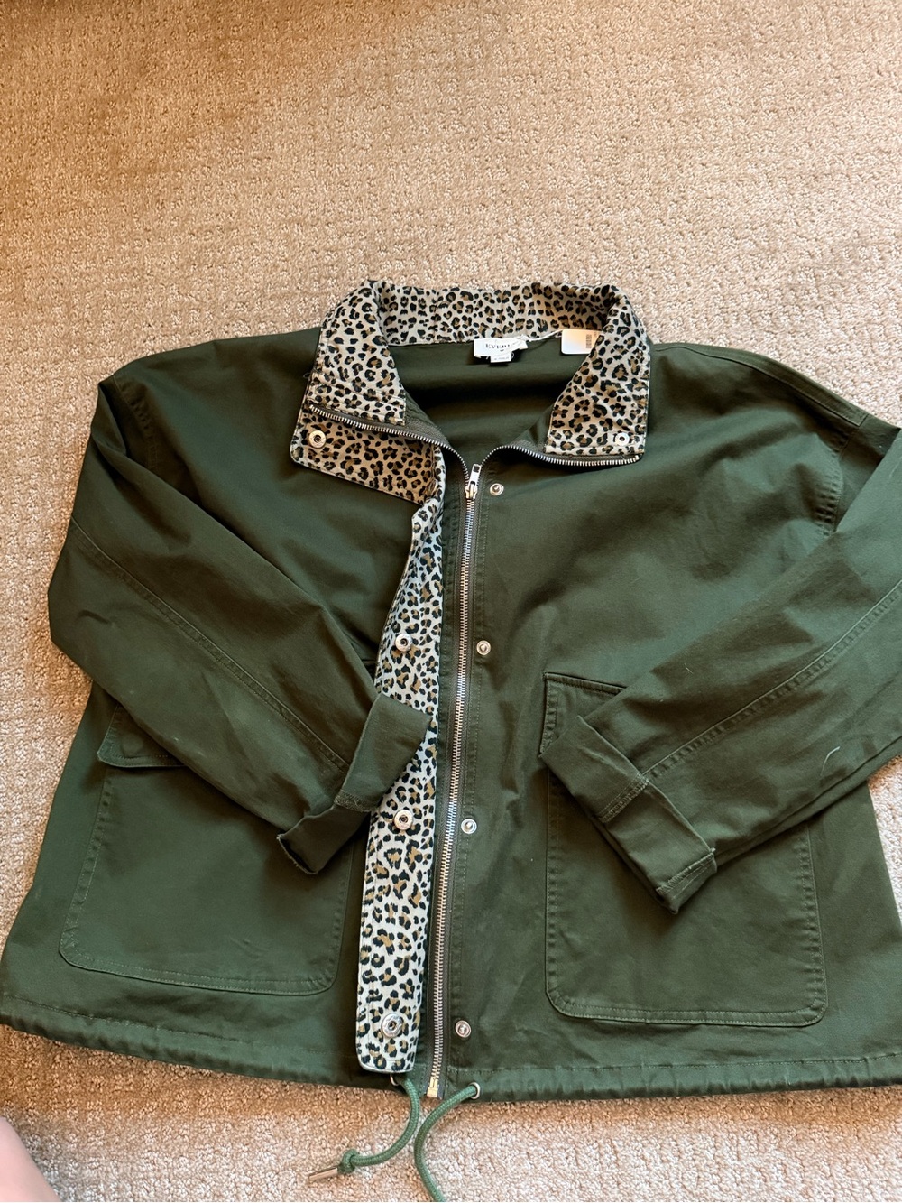 Everly Olive Green Utility Jacket with Leopard Trim